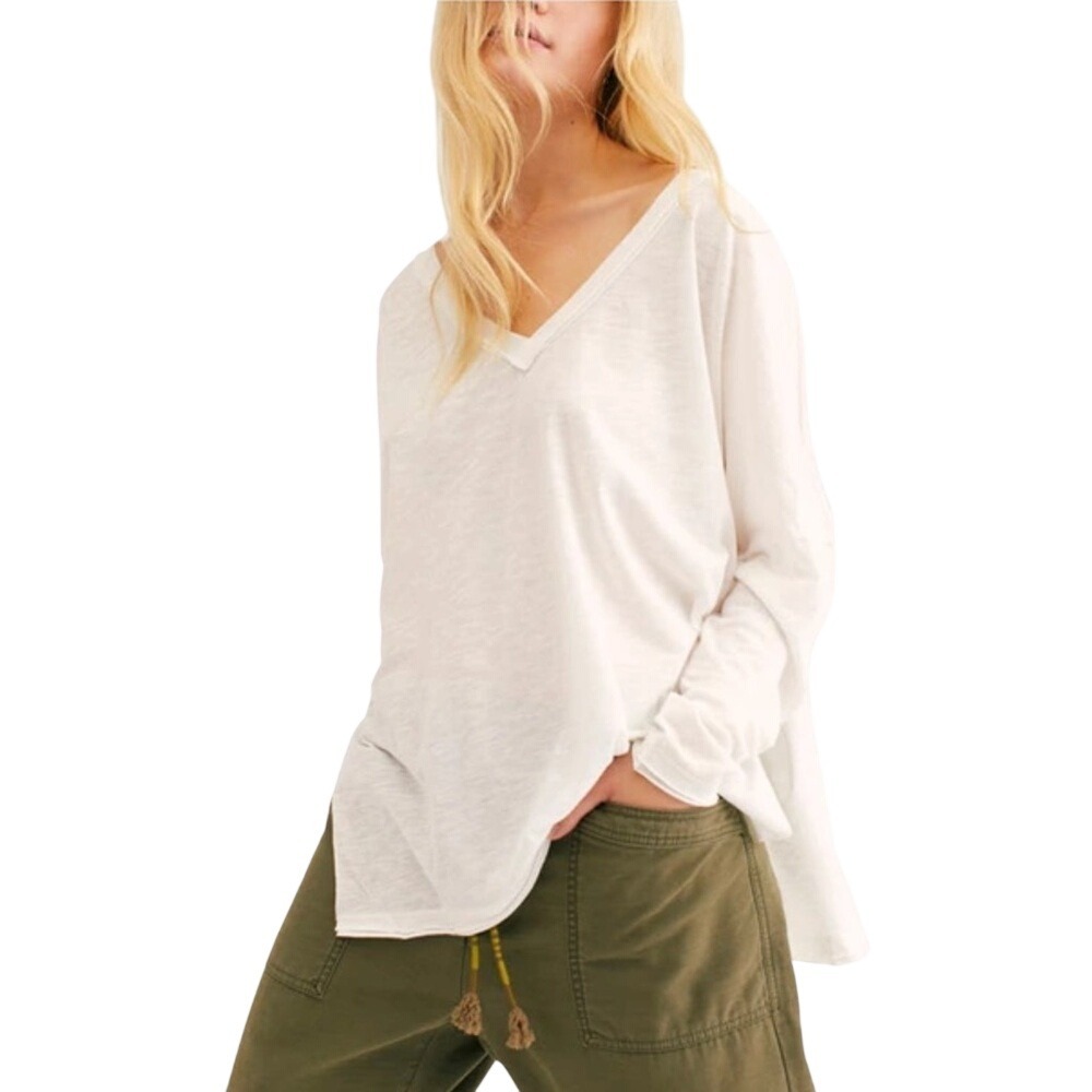 Free People We The Free‎ White V-Neck Long Sleeve Oversized Tee Shirt XS